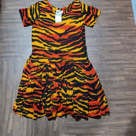 New OK Mike Womens One Size Animal Print Orange Black drop Waist Dress NWT - Picture 5 of 11